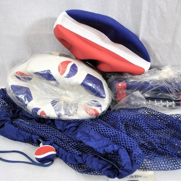 90s Pepsi Stuff Promo Sport Pack, 3 Balls, Football Soccer Basketball in Mesh Bag NOS