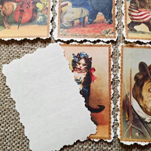 May include: A collection of vintage-style postage stamps with scalloped edges. The stamps feature illustrations of anthropomorphic animals, including a cat wearing a floral crown and a red bow. The color palette includes warm tones and detailed artwork.