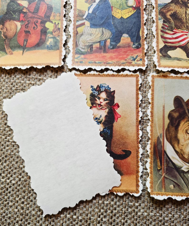 May include: A collection of vintage-style postage stamps with scalloped edges. The stamps feature illustrations of anthropomorphic animals, including a cat wearing a floral crown and a red bow. The color palette includes warm tones and detailed artwork.