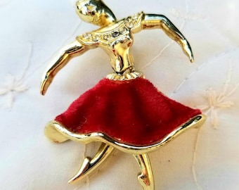 Ballerina Pin Brooch Rhinestone Red Velvet Skirt Ballet Lapel Jewelry