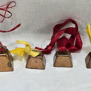 Lot of 4 Miniature Copper Cow Bells with Ribbon and Metal Clappers, Farmhouse and Christmas Decor