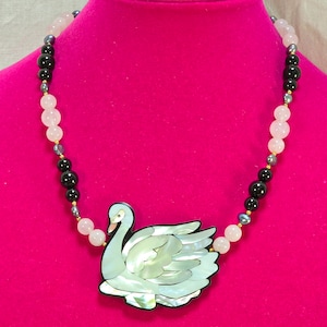 Lee Sands Swan Pendant Necklace with Original Box Vintage Lee SIGNED Mother of Pearl, Rose Quartz, and Onyx