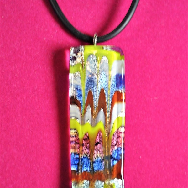 Fused Glass Murano-Style Pendant Necklace on Black Cord, Dichroic Art Glass