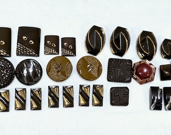 Art Deco Brown Glass Buttons, Lot of 29 Different Shapes, Most Have Gold Highlights