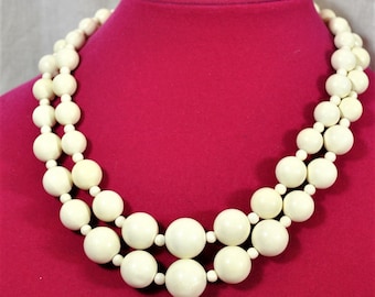 Vintage 2 Strand White Plastic Bead Choker Necklace