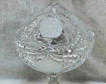 Leaded Crystal Clear Glass Footed Compote with Frosted Roses