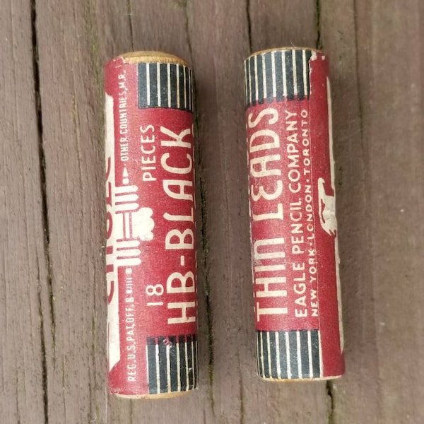 Vintage Eagle Pencil Company HB BLACK Thin Leads, Lot of 2, NOS Wood Tubes and Paper Labels. 18 Pieces in Each Tube