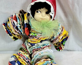 Vintage Hand Made Yo Yo Girl Doll with Plastic Face Retro Textiles