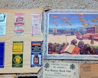 Vintage Scrapbook Mid Century Souvenir Ephemera. Postcards, Matchbooks, War Ration Books, etc.