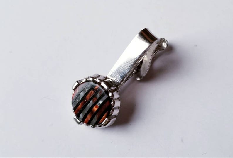 Tie Bar Thermoset Guilloche Vintage Men/'s Tie Clip Round Pearlized Gray Brown Striped