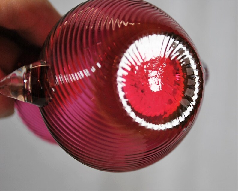 Pair of Swirl Cranberry Threaded Vases Made in Germany Clear Applied Double Handles