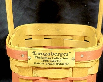 Longaberger 1986 Christmas Candy Cane Basket Red Splits, Stationary Handle