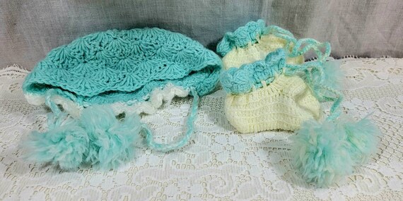 Hand Crocheted Newborn Baby Outfit, Matching Blue… - image 2