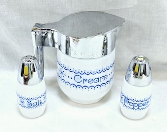Vintage 1960s GEMCO PYREX Blue Snowflake Garland Compatible Cream Dispenser with Salt and Pepper Shakers