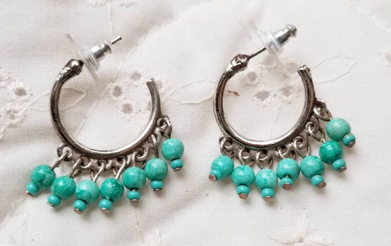 Vintage Silver Tone and Faux Turquoise Beads Hoop Earrings with Post Backs for Pierced Ears.