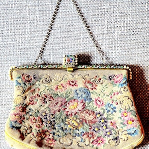 Petit Point Enameled Frame with Chain Handle Evening Purse Antique