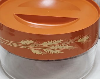 Tarro de almacenamiento Pyrex de 1 cuarto de galón, modelo Autumn Harvest de los años 70, color naranja trigo, con tapa de rosca.