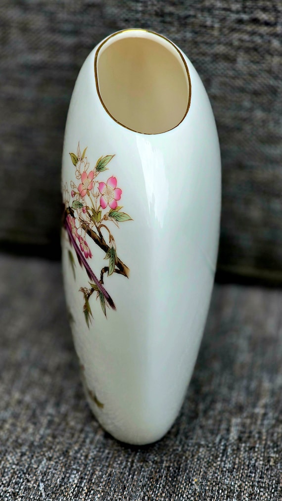 Vintage Yamaji Japan Handpainted Bird Blossoms Pink Vase Purple