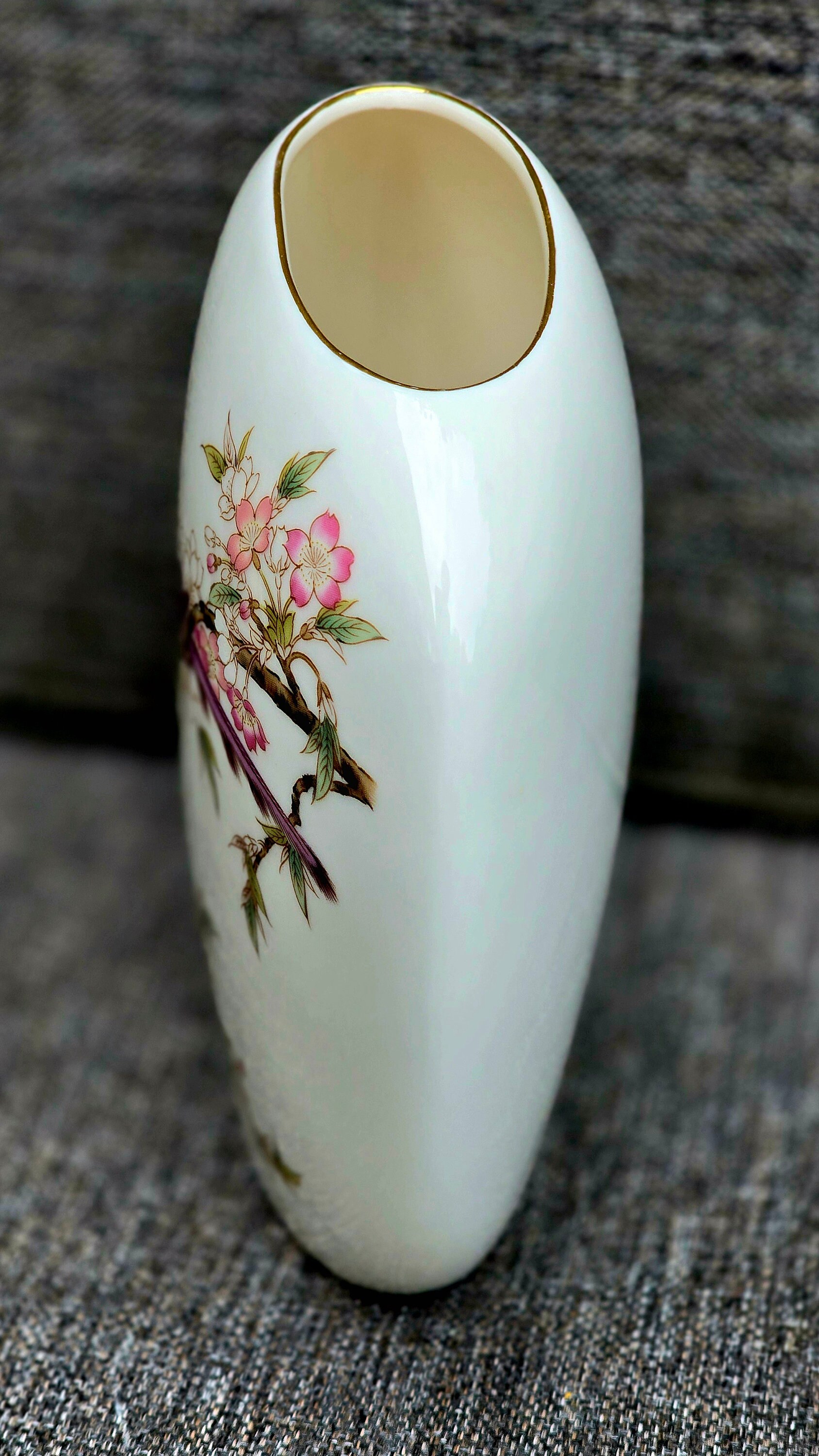 vintage 70s 紫色 フラワーベス Vintage Yamaji Japan Handpainted Bird Blossoms Pink Vase Purple