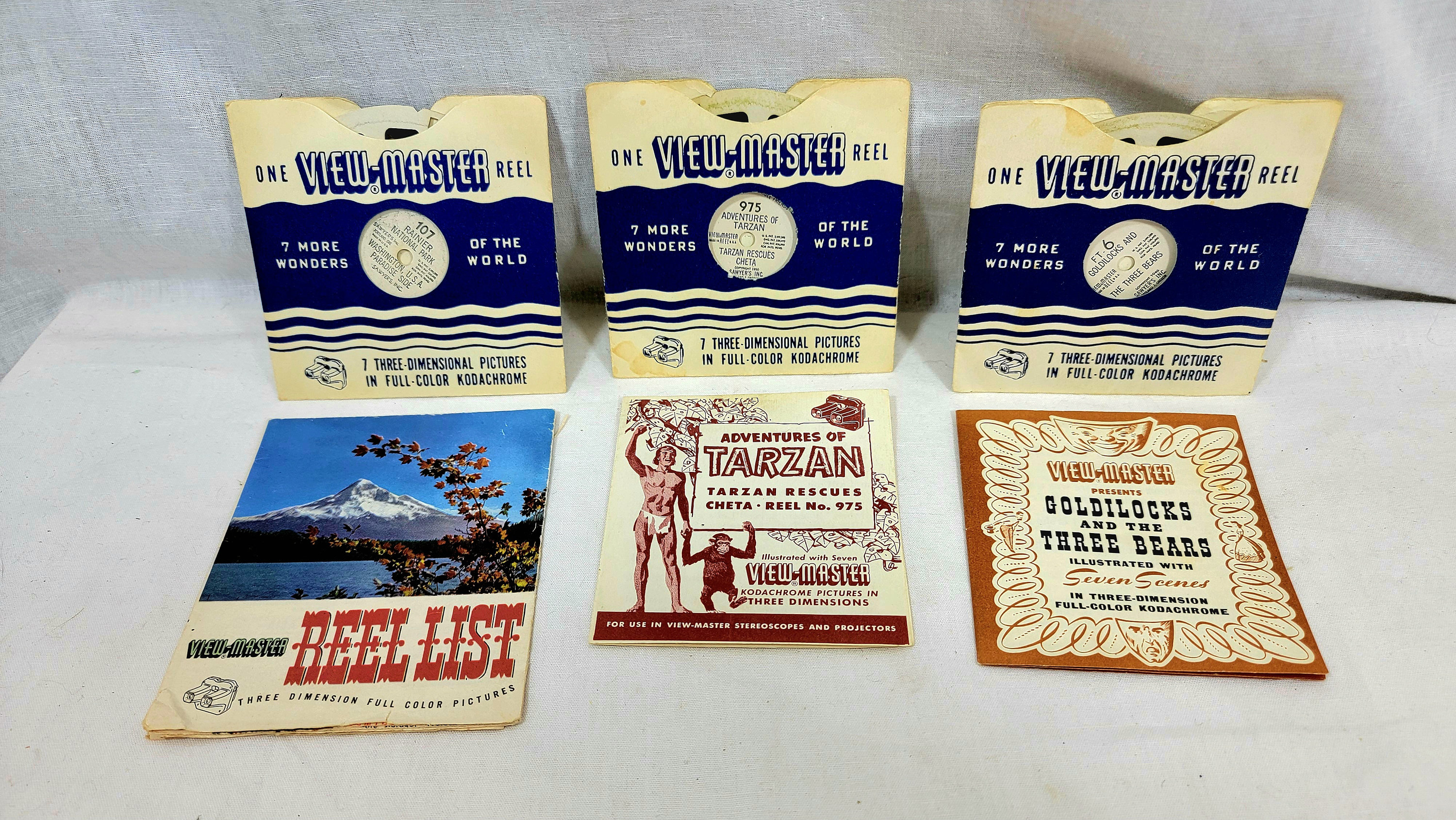 Sawyer's VIEW-MASTER 3 reels, Adventures of Tarzan, Ranier National Park,  Goldilocks and 3 Bears Envelopes Booklet