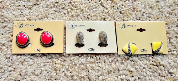 3 Pairs of Bon Worth Clip On Earrings, New Old St… - image 1