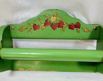 Hanging Paper Towel Holder, Wood Painted Green with Strawberries