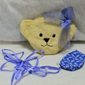 Può includere: Una borsa a forma di orsetto di peluche giallo chiaro con un fiocco blu. È presente anche un piccolo portamonete blu con cerniera bianca e motivo bianco. Un nastro blu è accanto alla borsa.