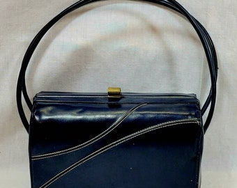 Navy Blue Purse, Vintage with Top Handles and White Decorative Stitching