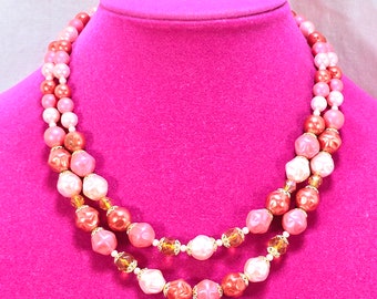 Vintage Double Strand Beaded Necklace, Shades of Pink, Made in Japan