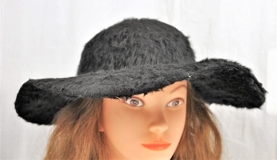 Vintage Angora Wool Fuzzy Fur Black Victorian Hat… - image 1