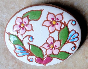 Vintage Brooch Ceramic Pin by C. Wert dated1993 Handmade Jewelry Floral Pin