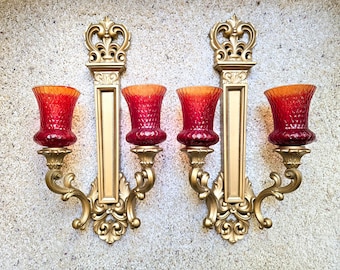 Vintage Syroco Wall Sconces Candle Holders, Hollywood Regency, Red Amberina Glass Votive Holders