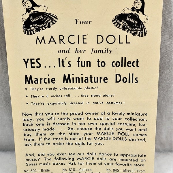 Vintage MARCIE MINIATURE DOLLS Paper Catalog Insert, Original 1950s Doll Accessory