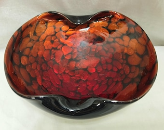 Vintage Hand Blown Art Glass Bowl: Red & Black Iridescent Sculpture