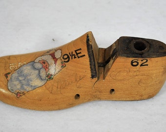 Antique Child's Wood Shoe Mold - Victorian Era Cobbler - Wooden Form Last - Size 9-1/2E - Winking Santa Face - Christmas Decor