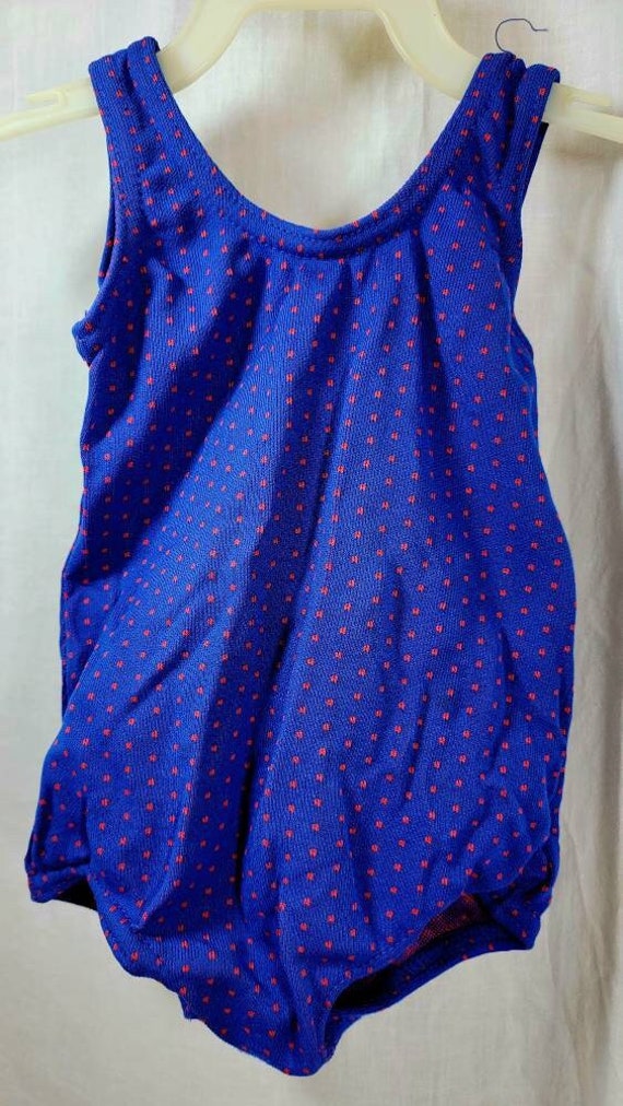 Baby Girl Vintage Swimsuit, Blue with Red Polka Do