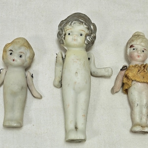 Antique Lot of 3 Vintage Victorian All Bisque Mini Dolls Arms Move, Made in Japan