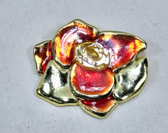 Large Enamel Flower Brooch, Orange with Yellow on Gold Tone