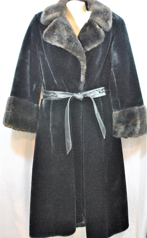 Vintage Borgessa Belted Black Faux Fur Coat Sears Fashions Size