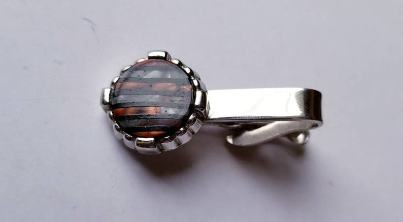 Tie Bar Thermoset Guilloche Vintage Men/'s Tie Clip Round Pearlized Gray Brown Striped