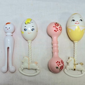 Vintage 40s-50s Lot of 4 Baby Rattles, One is Marked Plakie