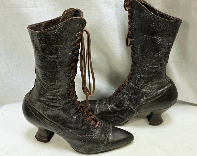 Antique Edwardian Victorian Era Women's Brown Leather Laceup Boots