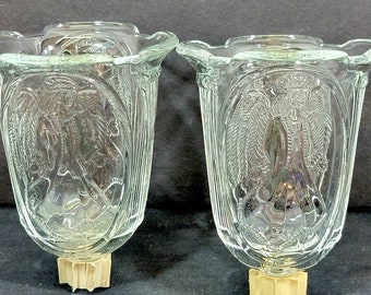 Set of 2 Vintage Home Interiors Clear Glass Angel Candle Holders Votive Cup Sconces Inserts, Flared Trumpet Candle Holders Vintage