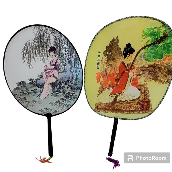 Éventails de geisha en soie tendue, paire vintage, scène, danse, peinture chinoise, fleurs