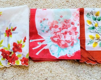 Vintage Lot of 3 Hankies Red Flowers Hankys