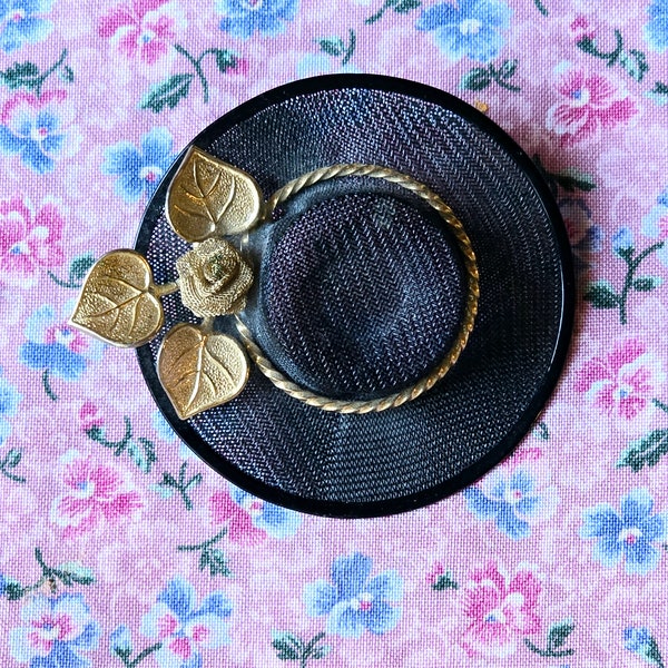 Vintage Black Mesh Hat Brooch Pin With Gold Flowers 2.5"