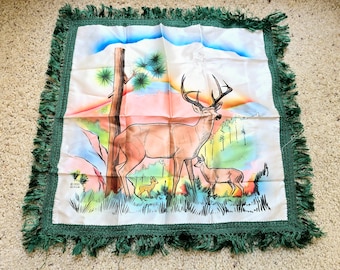 Deer on Satin Pillow Cover with Fringe Dated 1950, Signed B.H.Nov, Co., 1950