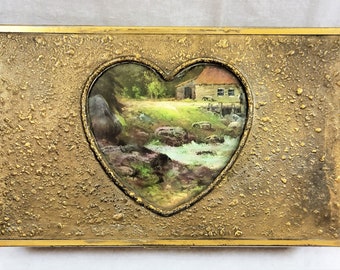 Vintage Metal and Wood Jewelry Box in Nubby Gold with Glass Covered Heart Insert