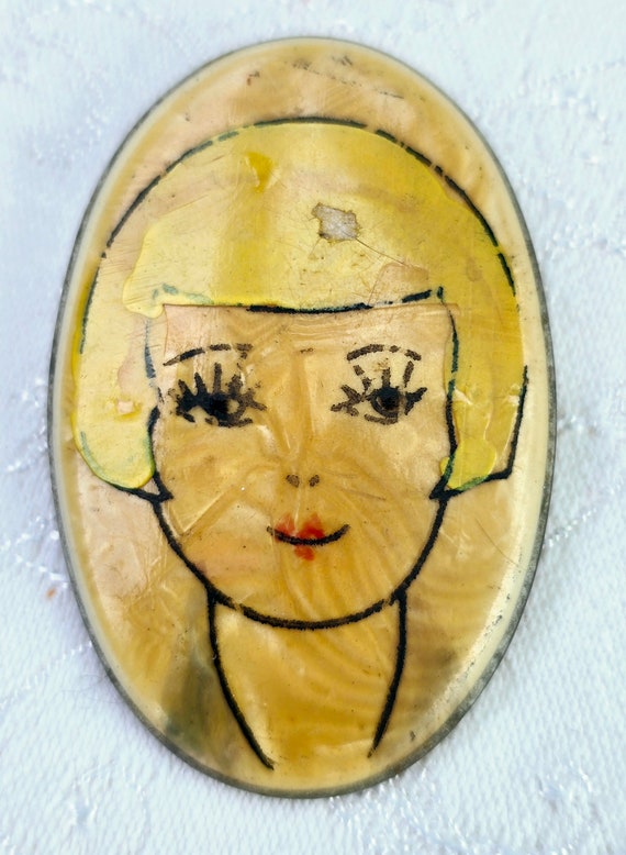 Hand Painted Girl Brooch, Early Plastic "C" Clasp… - image 1