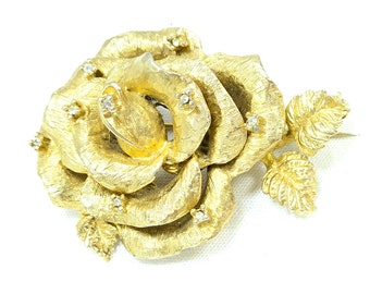 Rose Gold Tone Flower Brooch with Tiny Rhinestone Accents